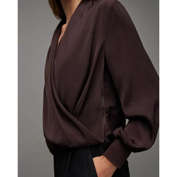 All Saints Abi Sleeve Draped Wrap Over Top Size 8 Purple V-Neck Silky Blouse - Picture 3 of 12